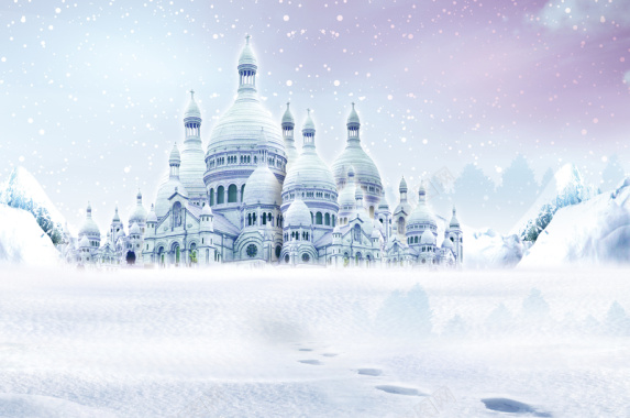 梦幻雪中的欧式古堡背景素材背景