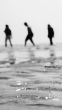 海边人物黑白模糊剪影H5背景背景