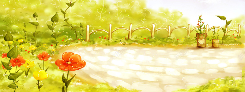 卡通花园篱笆背景jpg设计背景_新图网 https://ixintu.com 卡通 花园 篱笆 绿色 花朵 海报banner 童趣 手绘