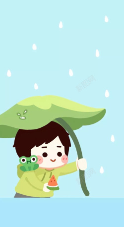 西瓜雨伞小男孩躲雨蓝色清新卡通背景高清图片