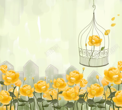 花园黄色鸟笼花朵印刷背景背景