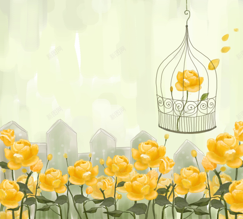 花园黄色鸟笼花朵印刷背景psd设计背景_新图网 https://ixintu.com 背景 花园 花朵 鸟笼 黄色 卡通 童趣 手绘