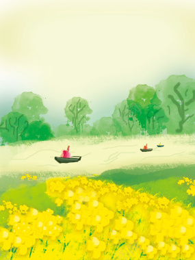 彩色手绘风景油菜花森林树林背景素材背景