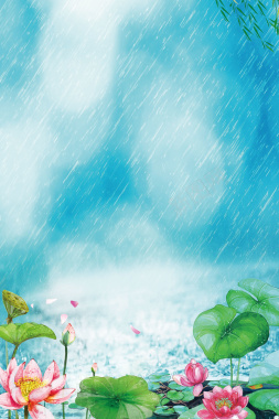 清新雨水二十四节气手绘荷花海报背景