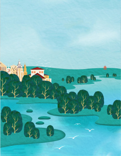 绿色房屋树木背景图片唯美商业插画蓝色背景素材图高清图片
