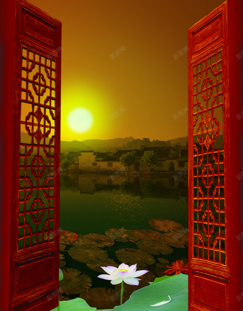 窗户印刷背景psd设计背景_新图网 https://ixintu.com 红色 雕花 中式窗户 荷花 荷叶 窗户印刷背景 太阳 窗景 棕色 中国风