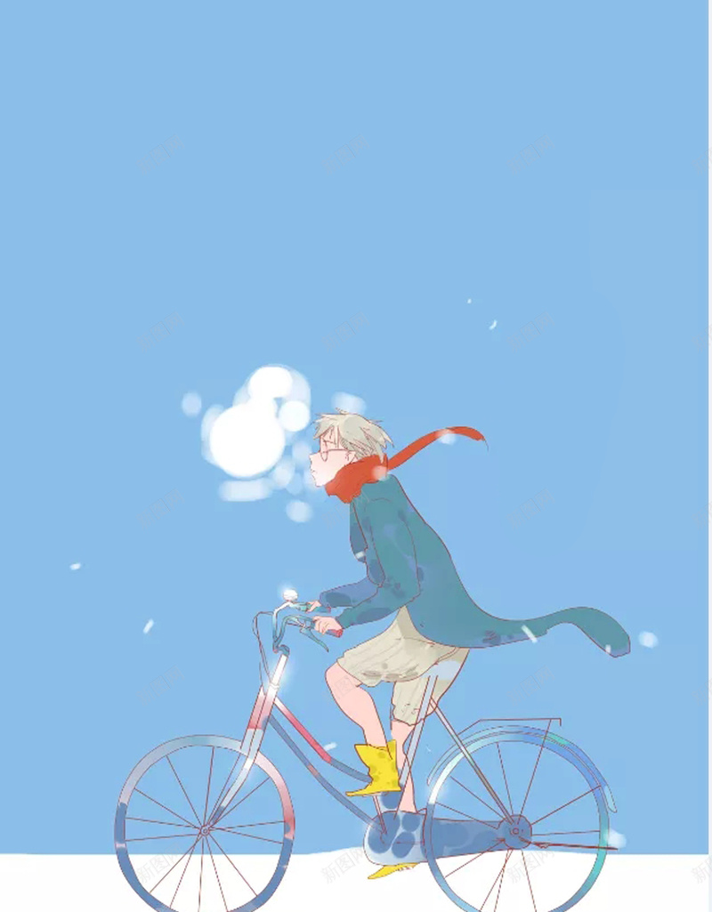 唯美卡通海报设计psd设计背景_新图网 https://ixintu.com 人物 卡通 唯美 蓝色 骑车 冬天 棉袄 冬季