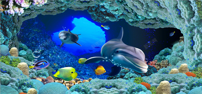 卡通背景图jpg设计背景_新图网 https://ixintu.com 卡通 海豚 鲨鱼 礁石 海景 海水 彩色的鱼 海报banner 童趣 手绘