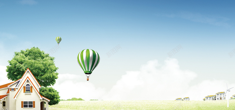 淘宝户外风景banner海报背景jpg设计背景_新图网 https://ixintu.com 户外 风景 运动 天猫 摄影 淘宝 白云 气球 房子 绿树