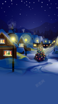 街上的房屋圣诞节街上夜景H5背景素材高清图片