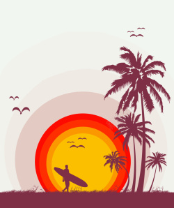 红色扁平的鸟红色太阳沙滩鸟椰子树背景高清图片