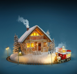 圣诞矢量木屋素材圣诞节冬季雪景木屋背景高清图片