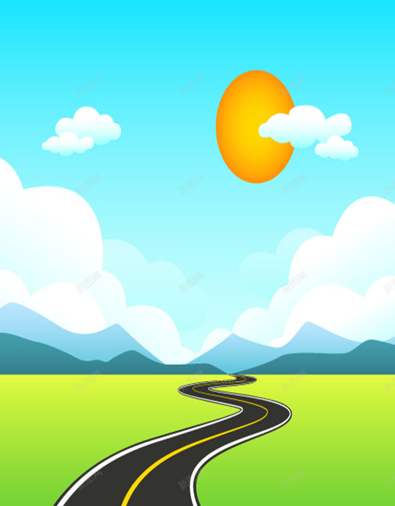 蜿蜒向远方的的道路图jpg设计背景_新图网 https://ixintu.com 卡通 天空 太阳 蜿蜒 道路 H5素材 白云 快乐 高兴 童趣 手绘