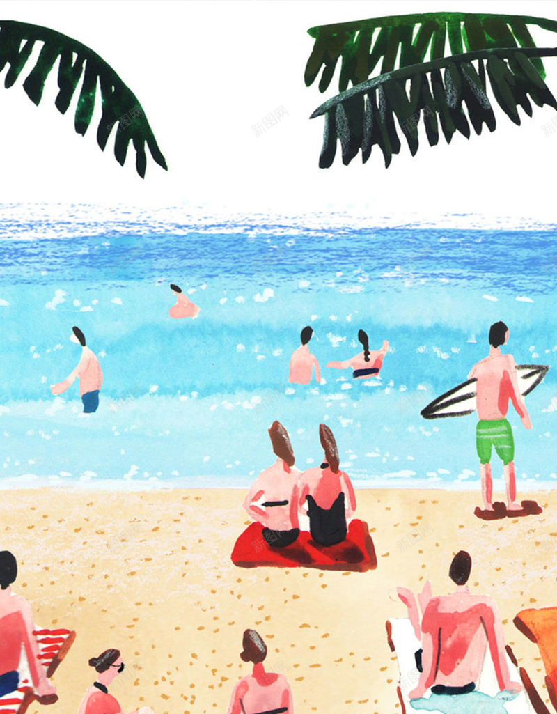 沙滩插画H5背景jpg设计背景_新图网 https://ixintu.com 日光浴 卡通 沙滩 海边 童趣 H5背景 手绘