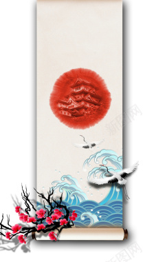 日本古典建筑仙鹤画轴文明公益广告背景素材背景