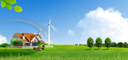 风力发电房子春季简约环保新能源背景海报高清图片