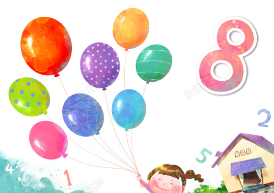 儿童手拿气球数字围绕的卡通漫画背景