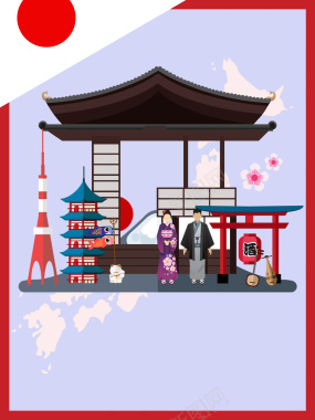 紫色矢量扁平化日本旅游海报背景背景