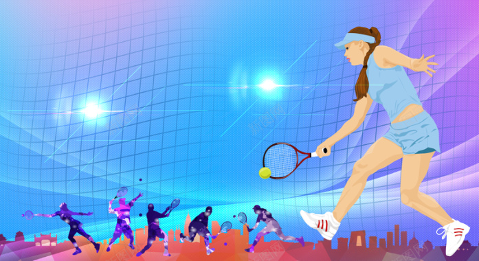 蓝色手绘网球运动比赛海报背景素材背景