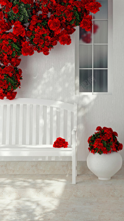 户外庭院园艺装饰红色玫瑰白色椅子H5背景素材高清图片