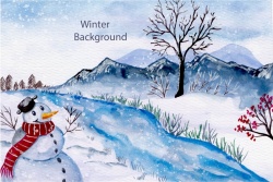 卡通小河冬季雪人矢量背景模板高清图片