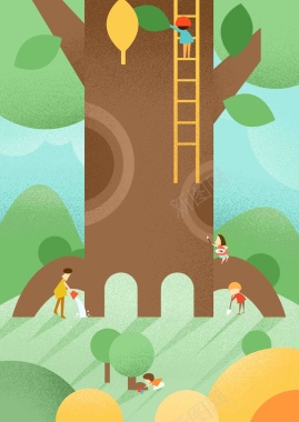 植树节手绘扁平化插画海报背景模板背景