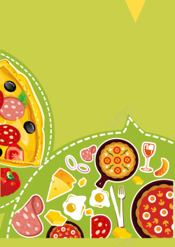 绿色披萨美食车绿色清新扁平西餐美食披萨海报背景素材高清图片