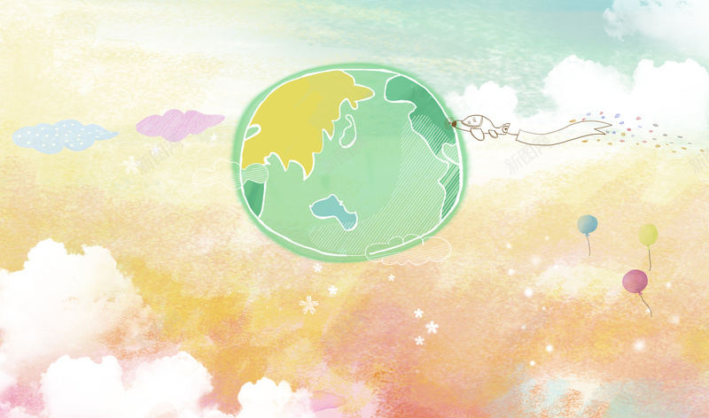 卡通世界地球日海报背景psd设计背景_新图网 https://ixintu.com 云 地球素材 飞机 卡通 气球 世界地球日 爱护地球 白云 天空