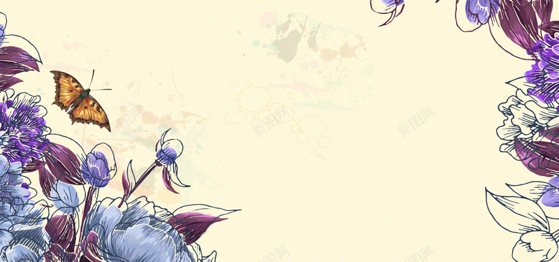 春天手绘紫色花朵黄色banner背景背景