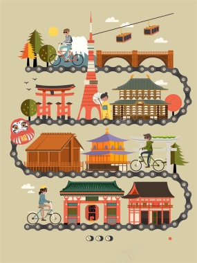 手绘矢量旅游日本景点樱花富士山链条海报背景