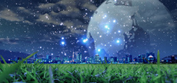 草地星球背景图片梦幻夜晚城市萤火虫背景高清图片