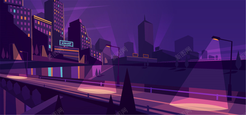 紫色卡通城市背景背景