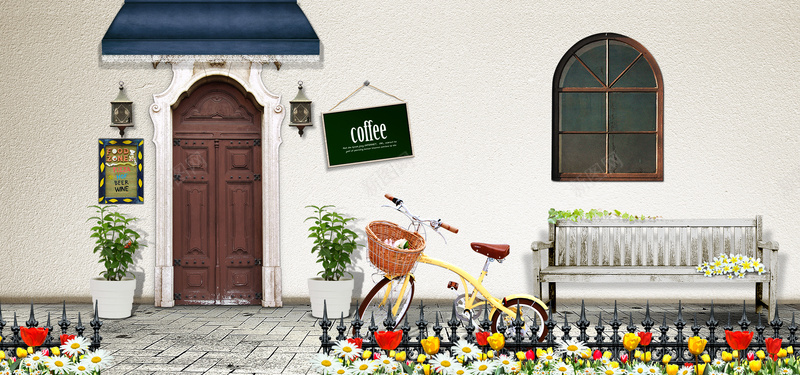 咖啡厅长椅盆栽菊花自行车白色背景海报banner背景