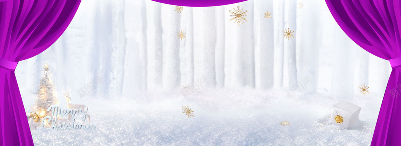 舞台圣诞背景海报图jpg设计背景_新图网 https://ixintu.com 紫色帷幕 雪地背景 圣诞树 舞台 雪花 鹿 白色 素材 海报 banner