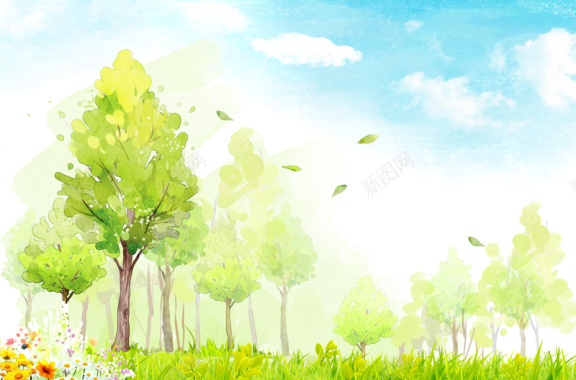 手绘绿树鲜花印刷背景背景