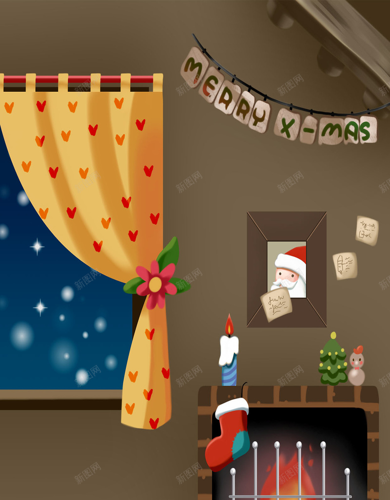 圣诞老人H5背景psd设计背景_新图网 https://ixintu.com 圣诞老人 圣诞节 圣诞背景图片 圣诞背景素材 火炉 袜子 送礼物 窗户 卡通 童趣 手绘
