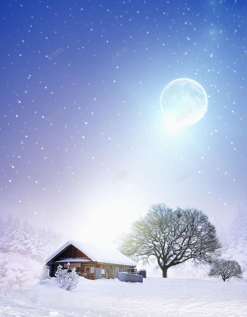 雪中风景背景素材jpg设计背景_新图网 https://ixintu.com 房子 满月 雪地 雪景 树 大雪 雪花 背景 海报 素材背景