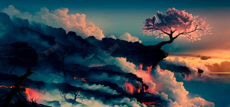 唯美火山熔岩jpg设计背景_新图网 https://ixintu.com 海报banner 唯美背景 火山熔岩 树木 烟雾