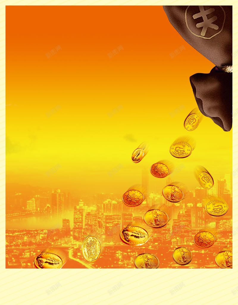 贷款海报背景素材psd设计背景_新图网 https://ixintu.com 城市 贷款 金币 金黄 钱袋 贷款图片图片下载 钱 PSD分层素材 源文件 黄