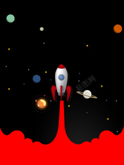 红色行星扁平化太空火箭背景高清图片