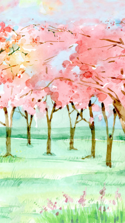 红花绿草手绘春色十里桃花H5背景高清图片