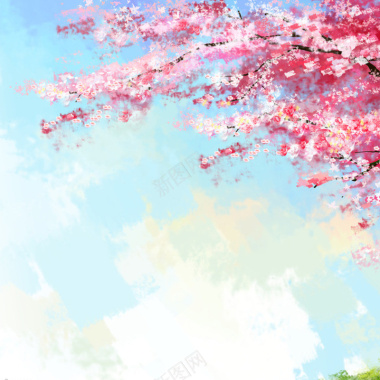 樱花蓝天白云手绘背景背景