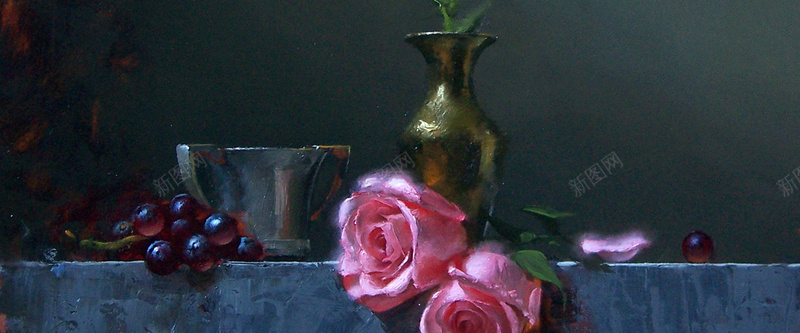 油画花瓶花朵葡萄背景