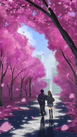 嫩芽下的情侣樱花下的情侣插画H5背景高清图片