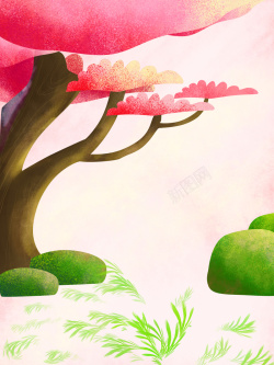 绿地森林手绘森林草地绿地桃花树林背景素材高清图片