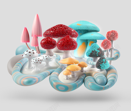 3D立体童趣蘑菇背景模板背景