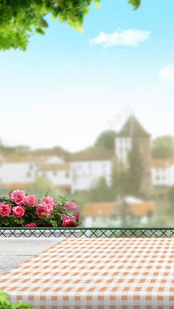 小镇清晨街景粉红花卉H5背景高清图片