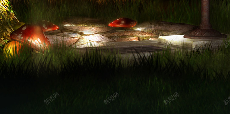 梦幻插画背景jpg设计背景_新图网 https://ixintu.com 梦幻 插画 灯光 大树 森林 蘑菇 绿色 H5背景 其他 卡通 童趣 手绘