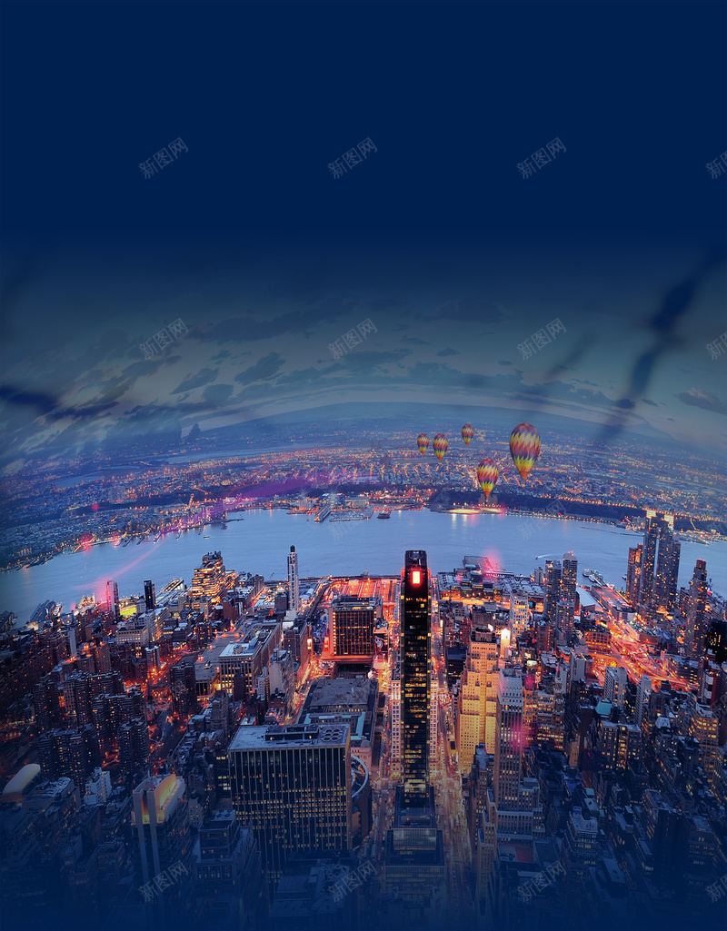 城市夜景俯瞰海报素材psd设计背景_新图网 https://ixintu.com 俯瞰 城市 夜景 气球 蓝色 海报 背景