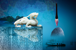 玉狮子中国风笔墨玉雕蓝色背景素材高清图片